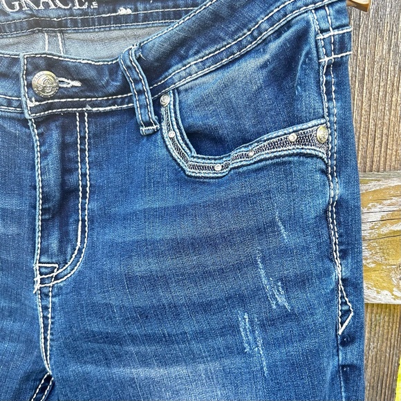 Grace in LA Dark Blue Denim Western Feathers Embellished Boot Cut Jeans Size 31 - Picture 11 of 12